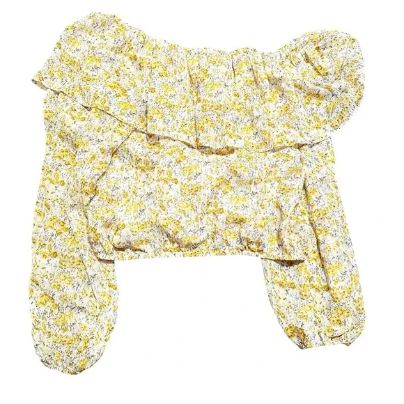 NWT ASTR THE LABEL Ruffle One Shoulder Top Blouse Small Yellow Floral Print - Picture 4 of 12